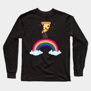 Funny Pepperoni Cheese Rainbow Pizza On Wheels In Space Riding Unicycle Rainbow Planet Stars Long Sleeve T-Shirt